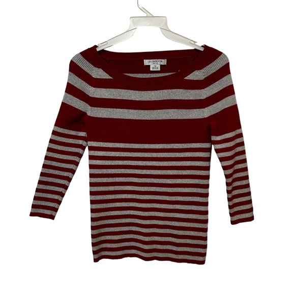 Liz Claiborne Long Sleeve Scoop Neck Red Stripe Top Woman Petite Small PS 1536 - Picture 1 of 4
